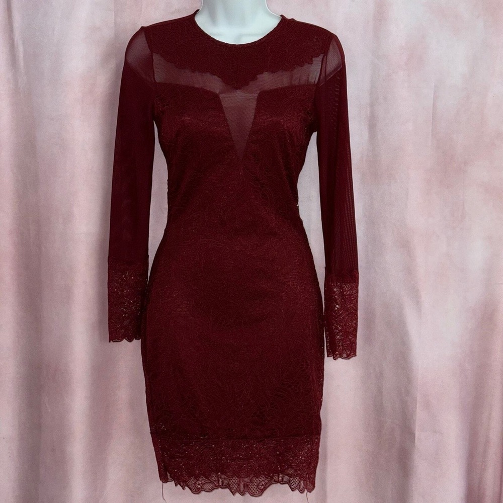 Windsor Burgundy Lace Mesh Long Sleeve Bodycon Dress Wine Red Small Cocktail